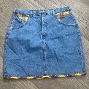 French Dressing | Vintage Denim Skirt with Yellow and Black Plaid Accents Sz 38